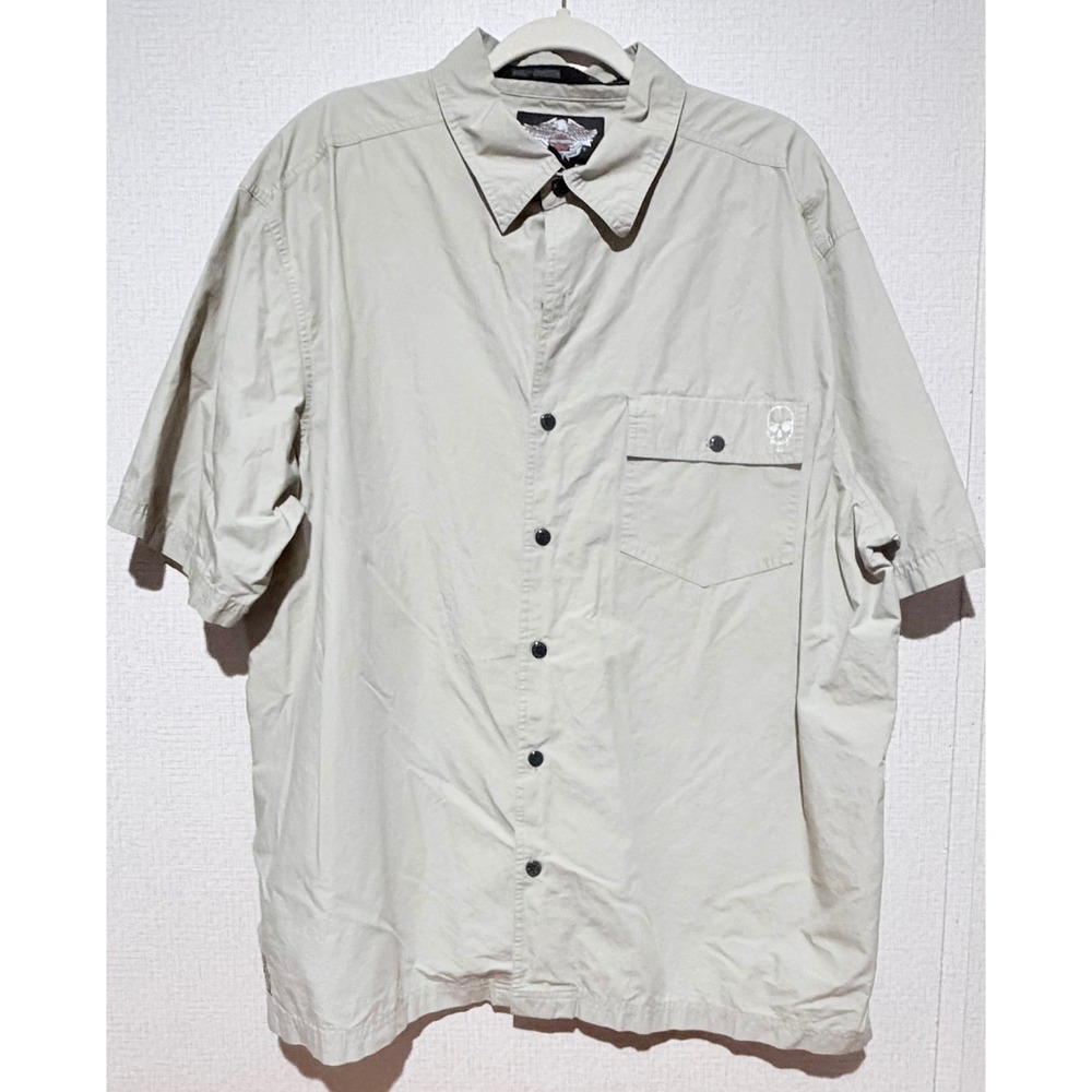 Harley-Davidson Mens 2XL Tan Willie G Skull Embroidered Button Up Shirt Khaki